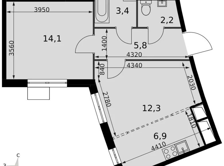 2 room apartment 45 m² Razvilka, Russia