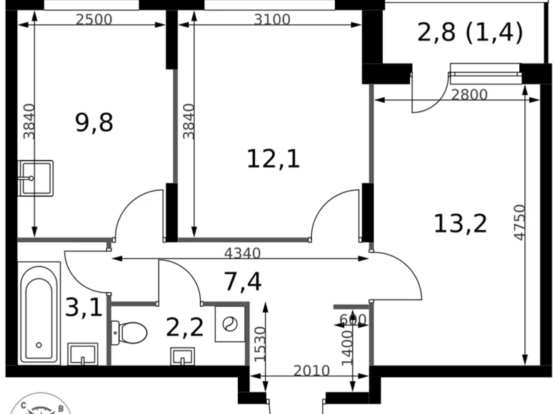 Wohnung 2 zimmer 49 m² Sapronovo, Russland