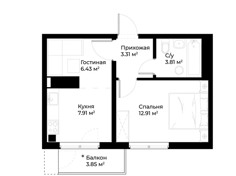 Квартира 1 комната 36 м² Ташкент, Узбекистан