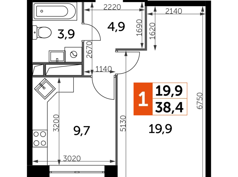 Квартира 1 комната 38 м² Veshki, Россия