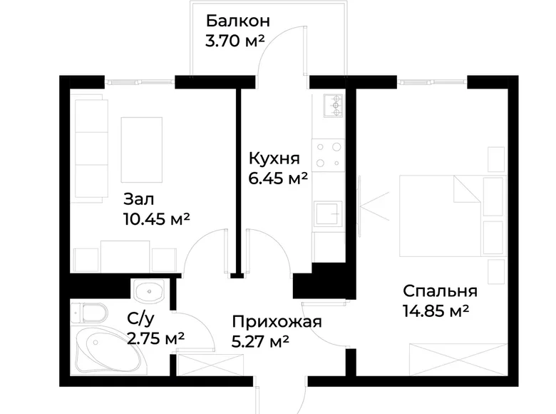 Квартира 2 комнаты 41 м² Ташкент, Узбекистан