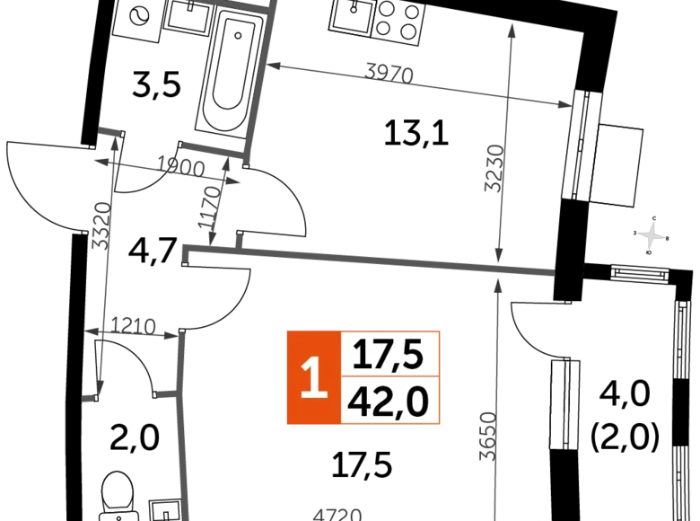 Квартира 1 комната 42 м² Развилка, Россия