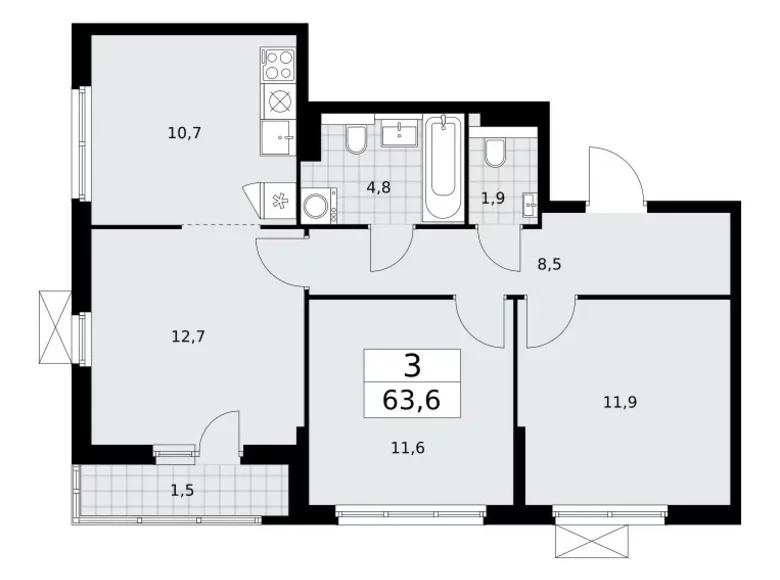 Mieszkanie 3 pokoi 64 m² poselenie Sosenskoe, Rosja