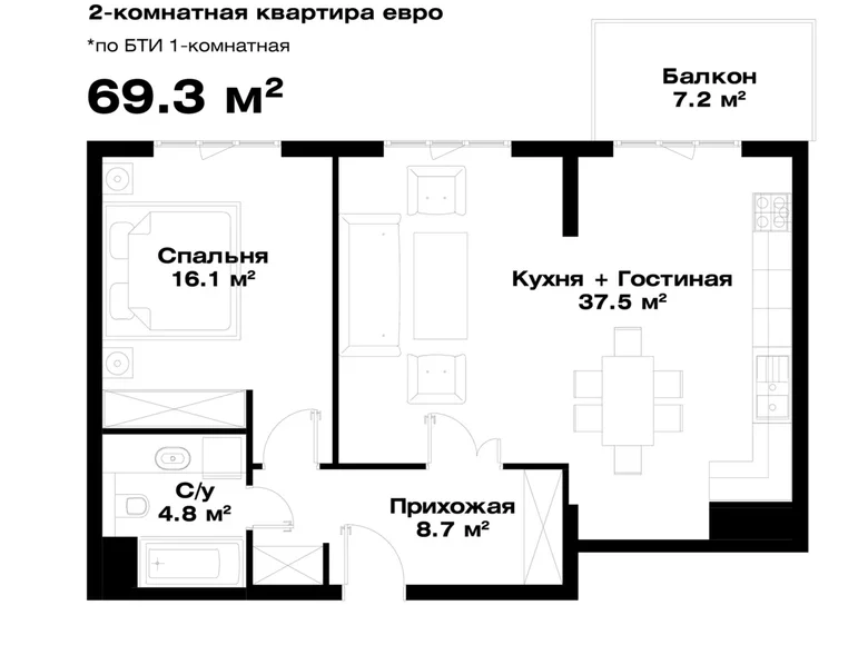 Kvartira 1 xona 69 m² Toshkentda