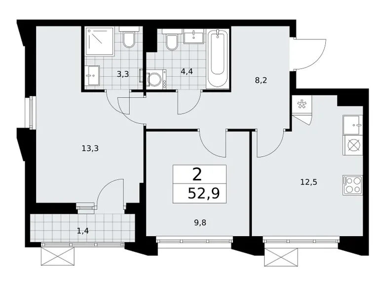 2 room apartment 53 m² Troitsk, Russia