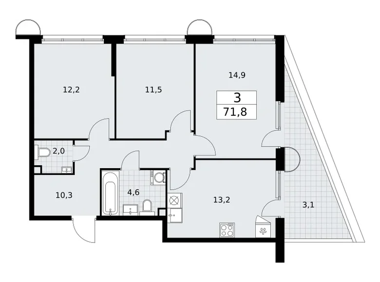 3 room apartment 72 m² Vnukovo, Russia