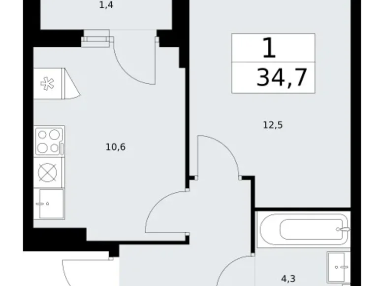 1 room apartment 35 m² Troitsk, Russia