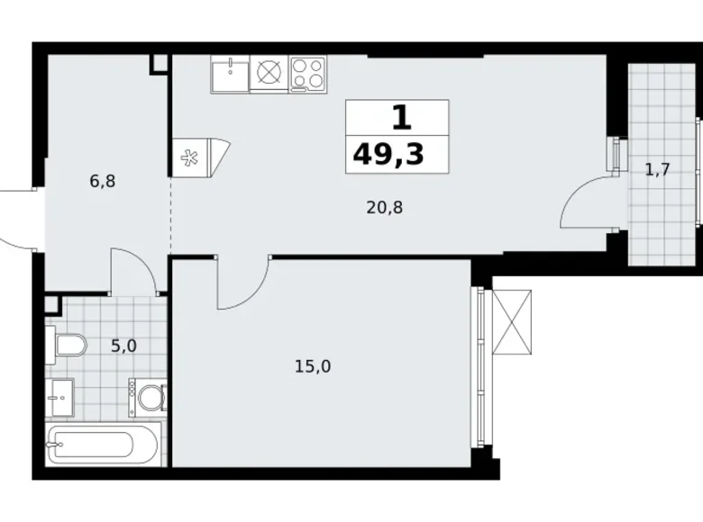 Квартира 1 комната 49 м² район Троицк, Россия