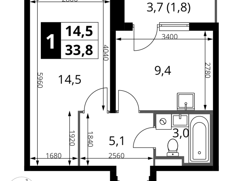 Wohnung 1 zimmer 34 m² Potapovo, Russland