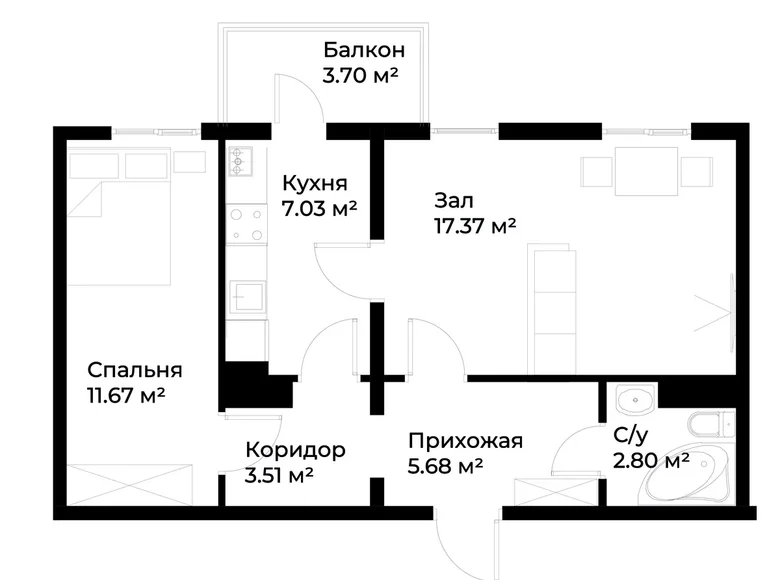 Квартира 2 комнаты 49 м² Ташкент, Узбекистан