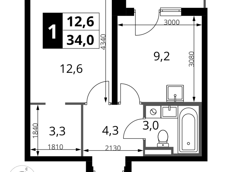1 room apartment 34 m² Sapronovo, Russia
