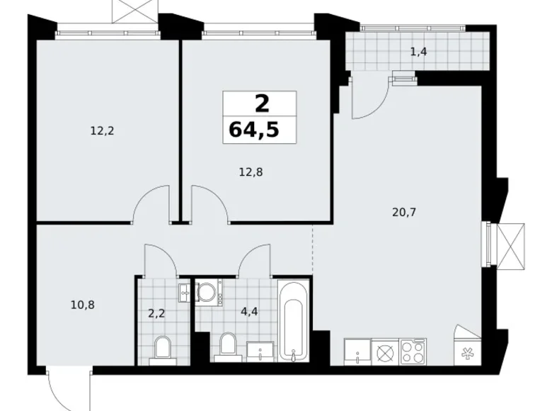 2 room apartment 65 m² Troitsk, Russia