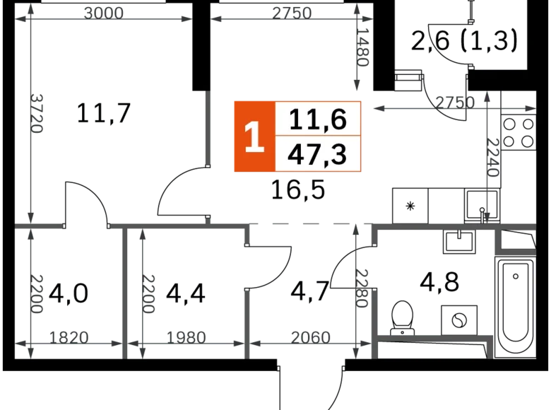 Wohnung 1 Zimmer 48 m² Moskau, Russland