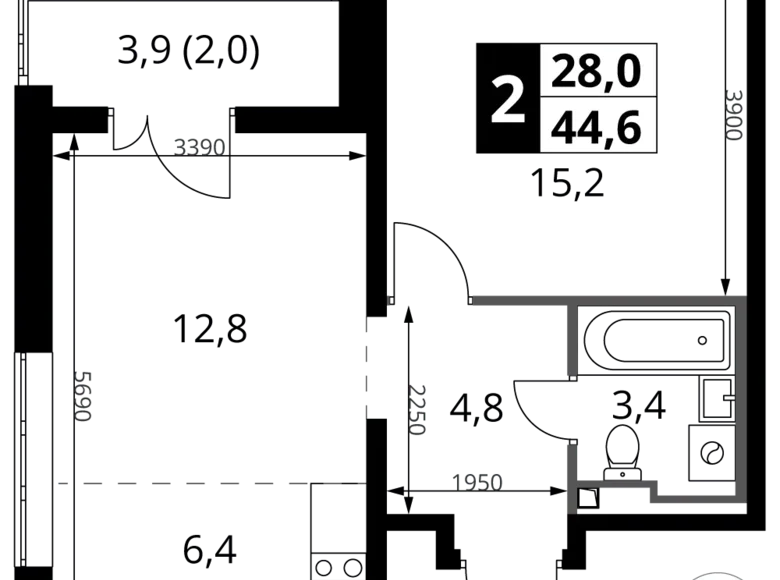 2 room apartment 45 m² Potapovo, Russia