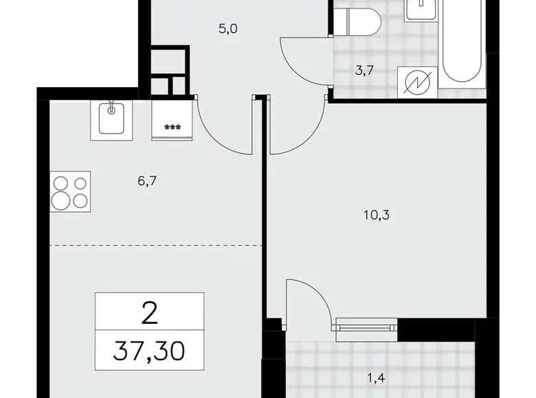 2 room apartment 37 m² Moscow, Russia