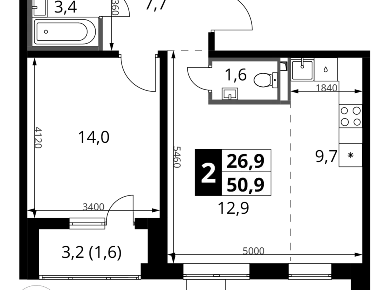 2 room apartment 51 m² Potapovo, Russia