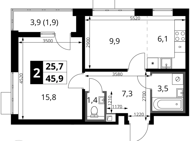 Appartement 2 chambres 46 m² Khimki, Fédération de Russie