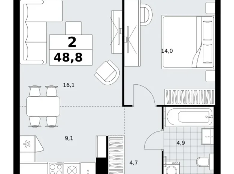 2 room apartment 49 m² Kommunarka, Russia