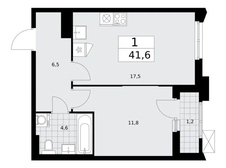 1 room apartment 42 m² Troitsk, Russia