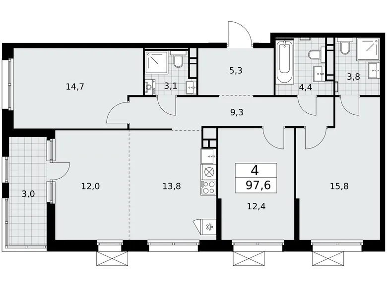 Mieszkanie 4 pokoi 98 m² Moskwa, Rosja