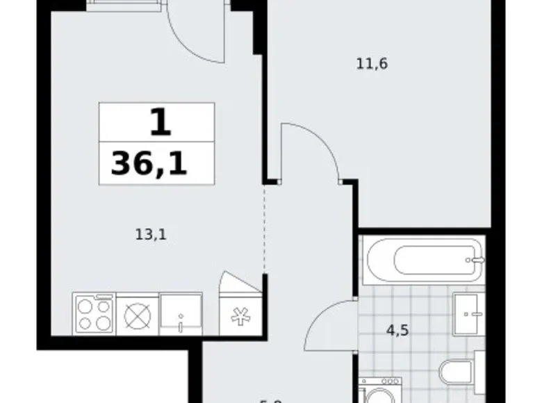 1 room apartment 36 m² Troitsk, Russia