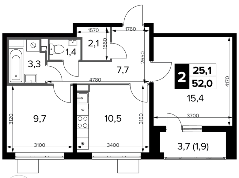 Mieszkanie 2 pokoi 52 m² Potapovo, Rosja