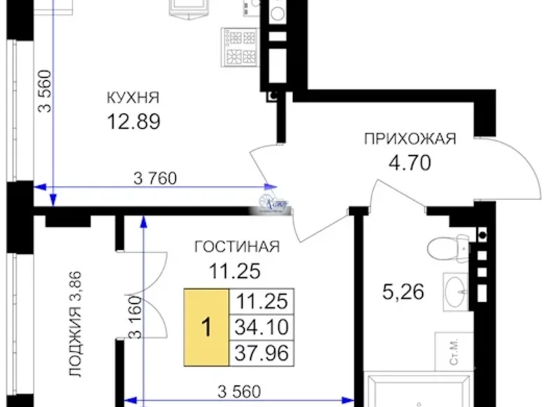 1 room apartment 38 m² Nowy, Russia