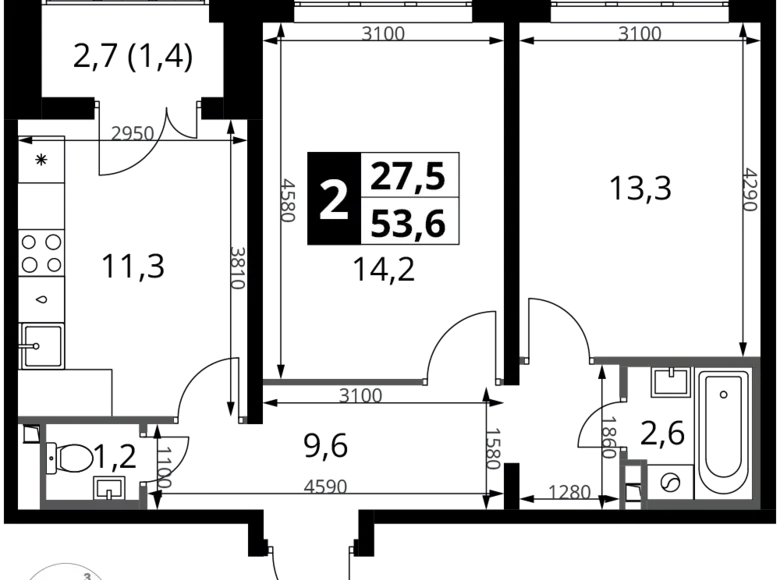 2 room apartment 54 m² Potapovo, Russia