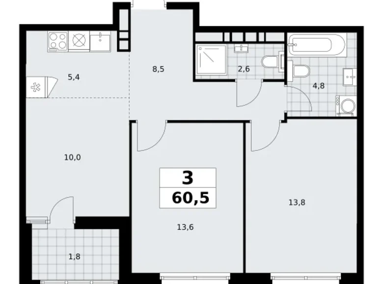 3 room apartment 61 m² poselenie Sosenskoe, Russia