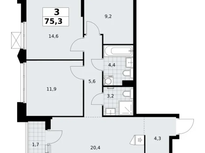 3 room apartment 75 m² Troitsk, Russia