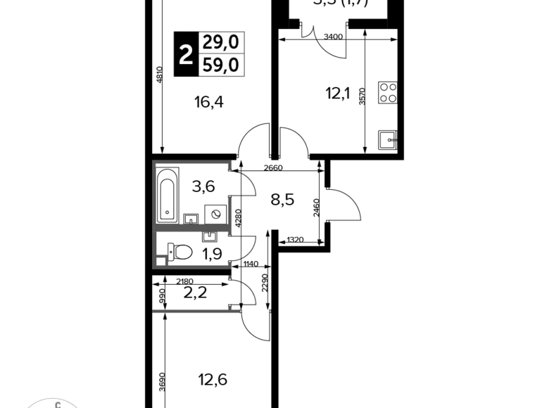 Mieszkanie 2 pokoi 59 m² Lubiercy, Rosja