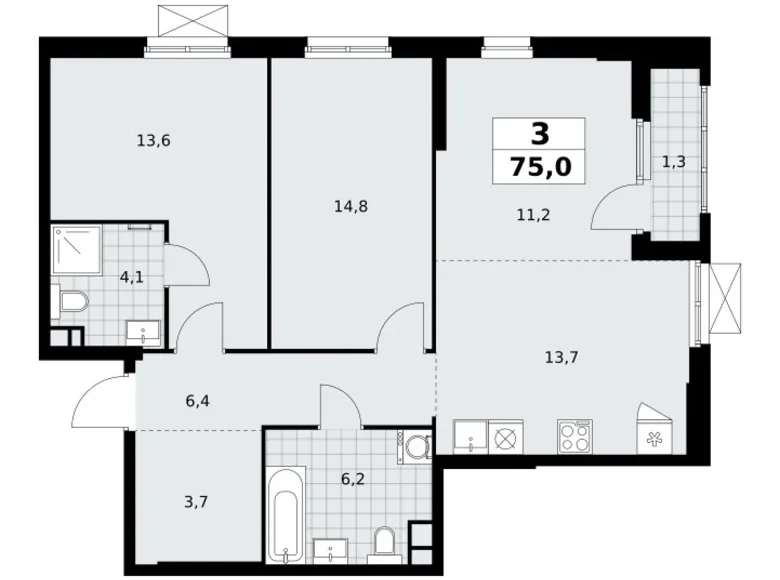 Квартира 3 комнаты 75 м² Юго-Западный административный округ, Россия