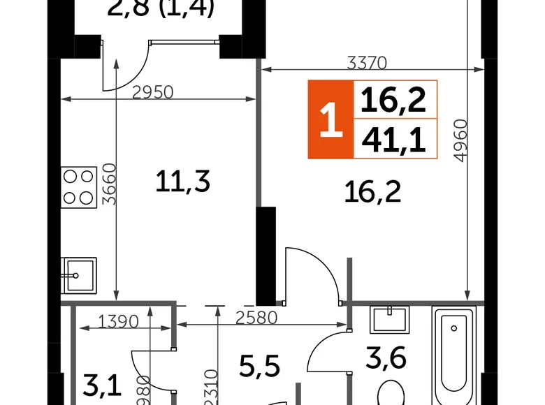 Квартира 1 комната 41 м² Северо-Западный административный округ, Россия