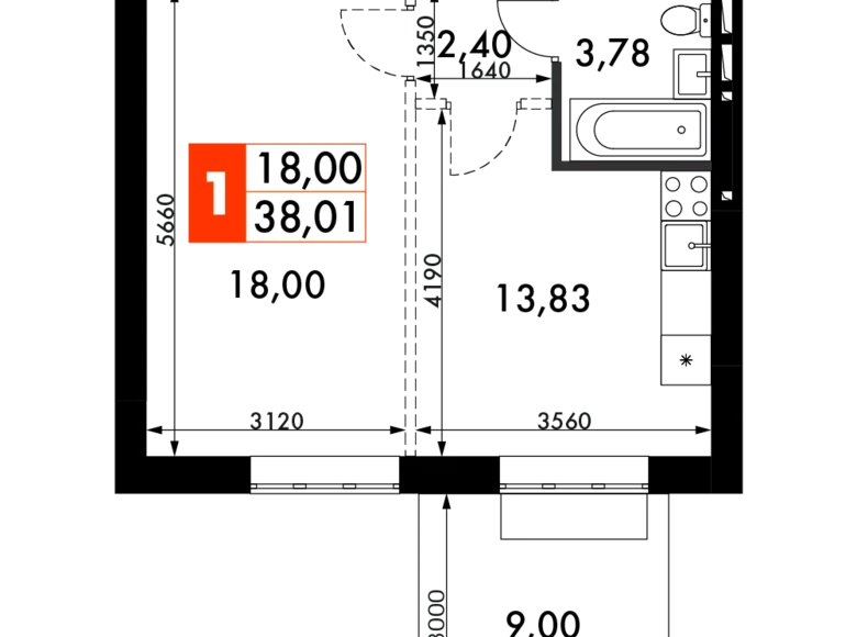 Mieszkanie 1 pokój 38 m² Odincovskiy gorodskoy okrug, Rosja