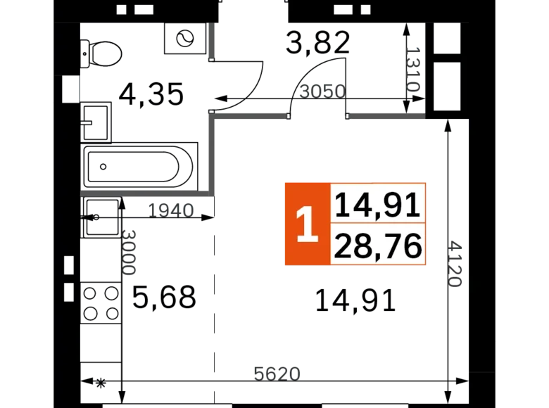 Студия 1 комната 29 м² Одинцовский городской округ, Россия