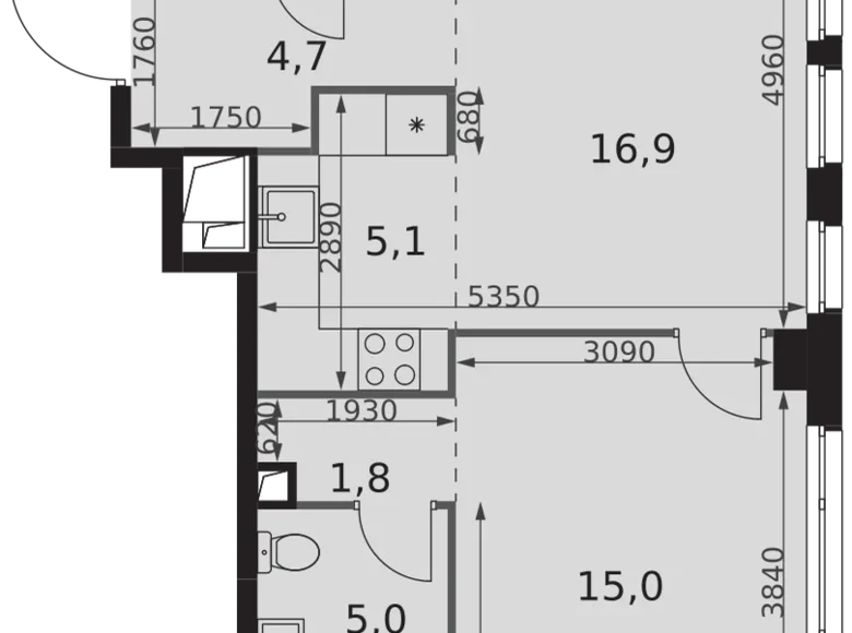 2 room apartment 53 m² Moscow, Russia