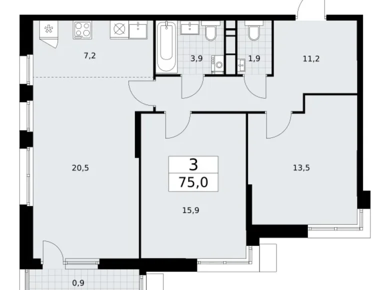 3 room apartment 75 m² Vnukovo, Russia