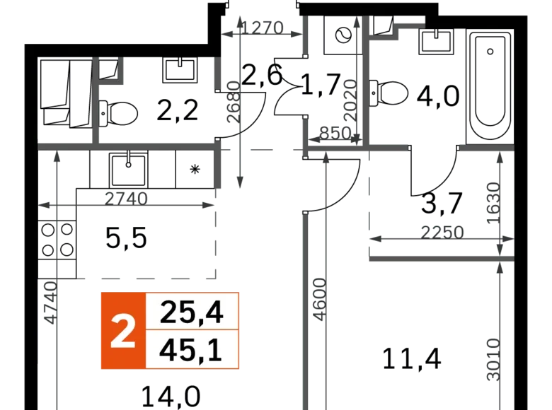 Квартира 2 комнаты 45 м² Северо-Западный административный округ, Россия