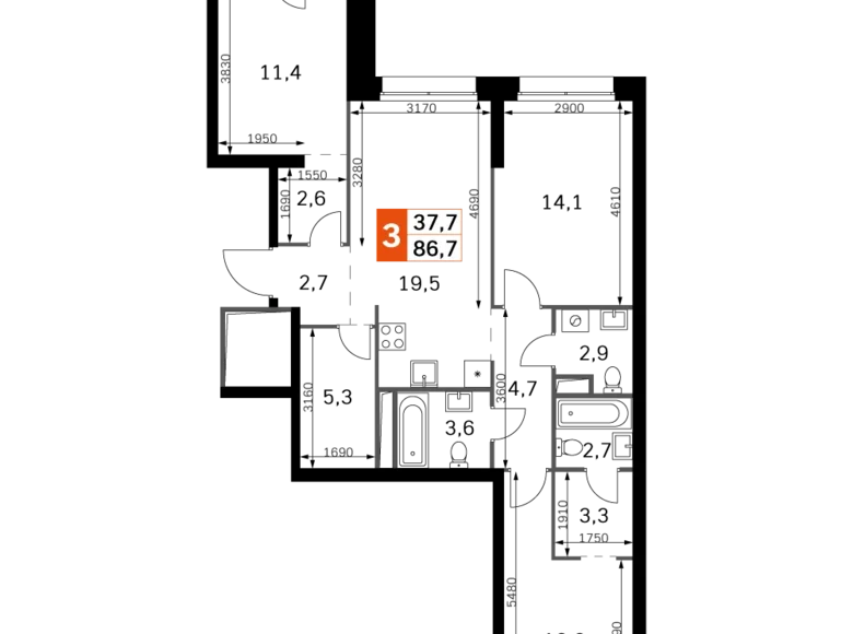 Квартира 3 комнаты 88 м² Москва, Россия