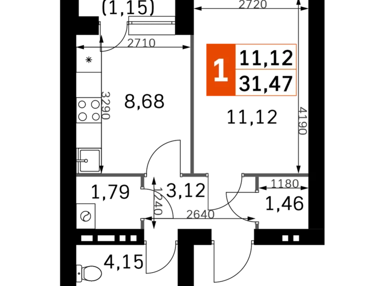 Квартира 1 комната 31 м² Одинцовский городской округ, Россия