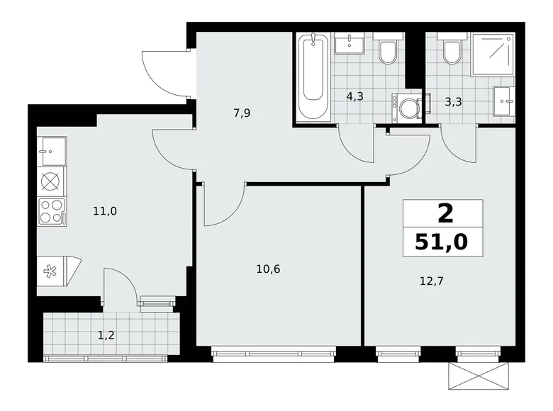 2 room apartment 51 m² poselenie Sosenskoe, Russia