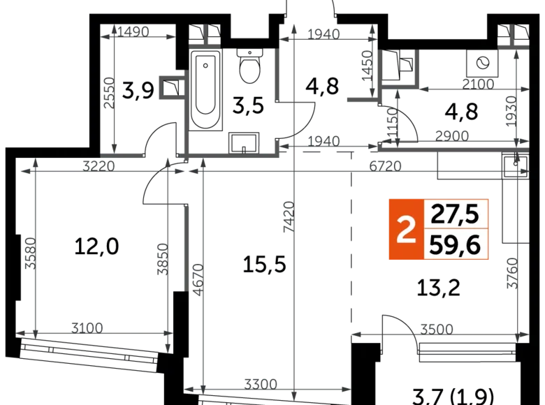 2 room apartment 60 m² Moscow, Russia