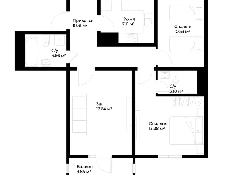 Квартира 3 комнаты 70 м² Ташкент, Узбекистан