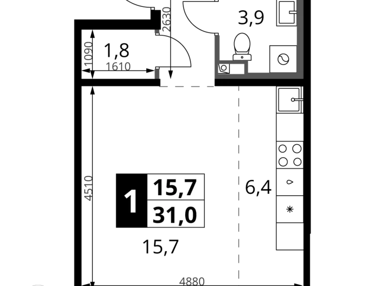 1 room studio apartment 31 m² Leninsky District, Russia