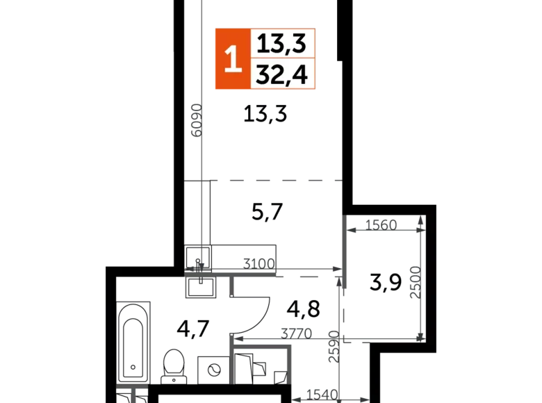 Квартира 1 комната 32 м² Москва, Россия