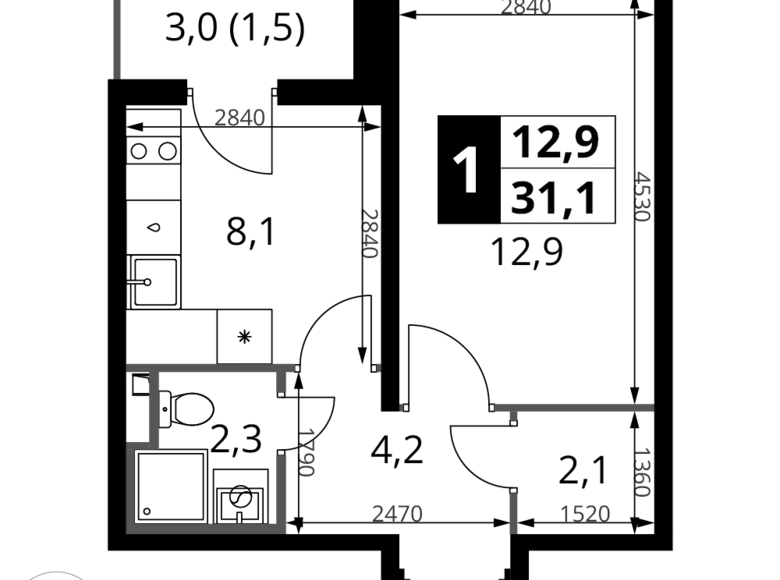 1 room apartment 31 m² Potapovo, Russia