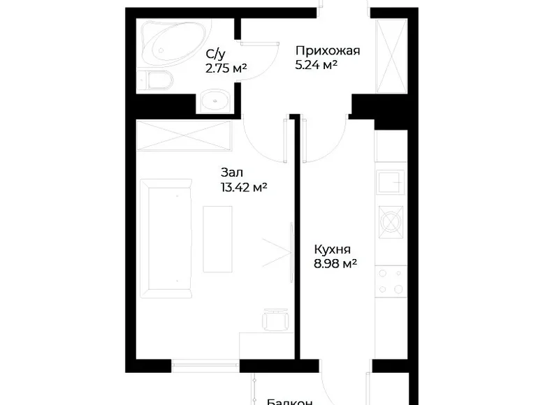 Квартира 1 комната 32 м² Ташкент, Узбекистан