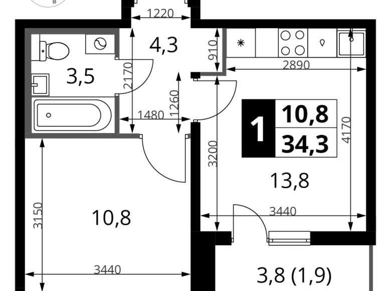 Mieszkanie 1 pokój 34 m² rejon leniński, Rosja