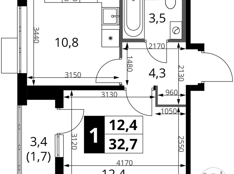 Квартира 1 комната 33 м² Химки, Россия