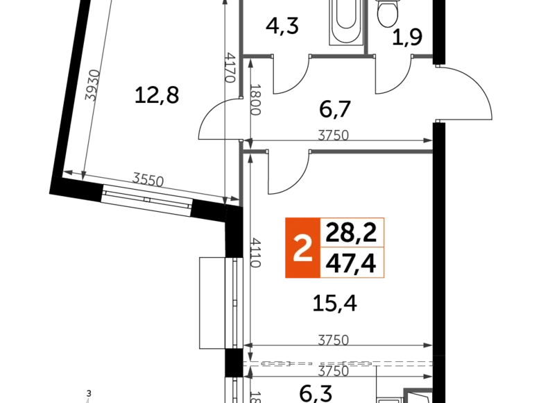 Mieszkanie 2 pokoi 47 m² Razvilka, Rosja